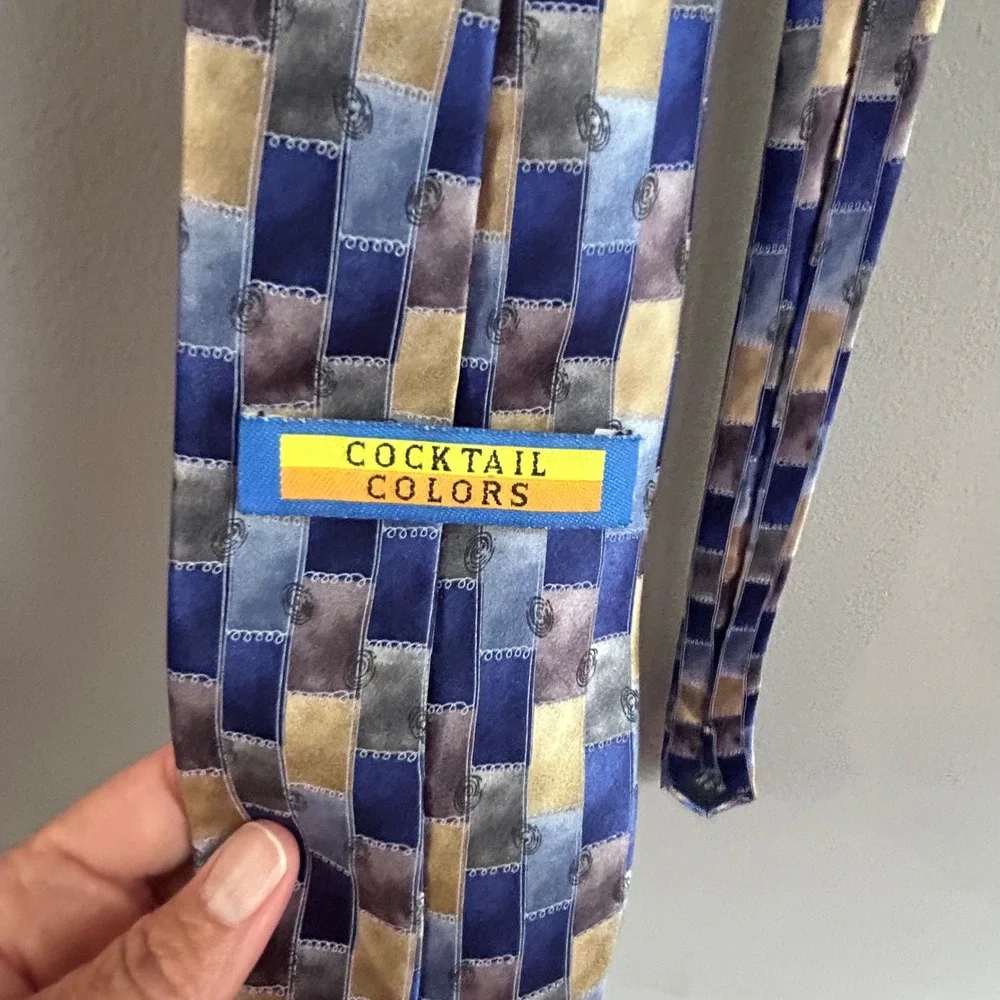 Cocktail Colors Mens Silk Tie Blue Gold Grey Geometric Patchwork Hand Made 61.5